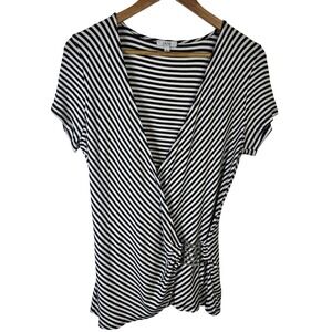 Cache Womens Top Black White Striped Short Sleeve Wrap Buckle Size L‎